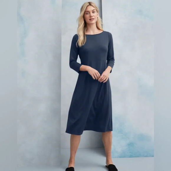 EILEEN FISHER Tencel Stretch Jersey Bateau Neck Midi Dress in Dark Gray - Picture 1 of 11